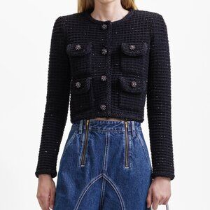 NWOT Self-Portrait Black Sequin Textured Round Neck Knit Jacket